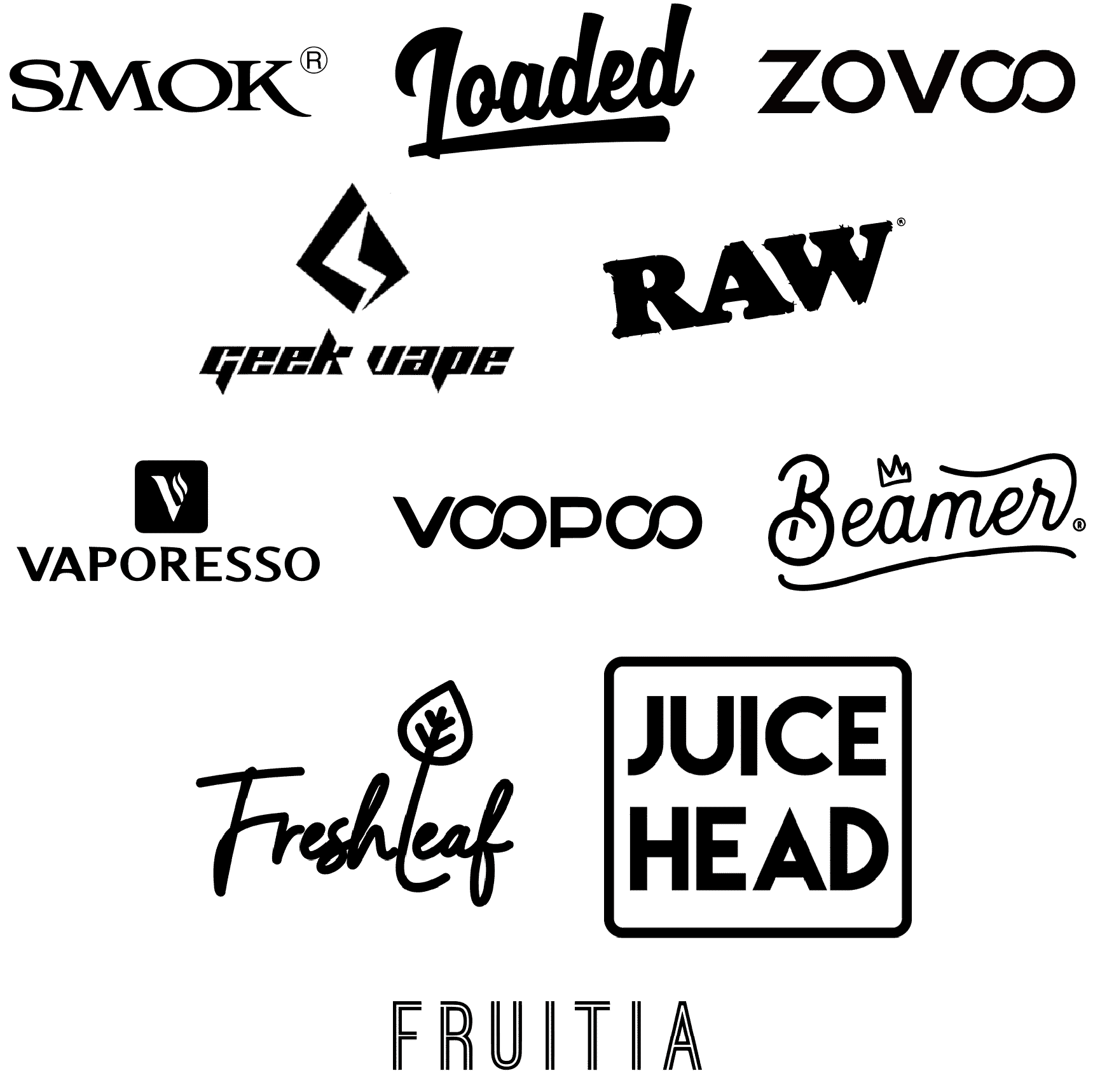 image of logos for smok, loaded, zovoo, geek vape, raw, vaporesso, voopoo, beamer, freashleaf kratom, juice head e-liquid, and fruitia e-juice