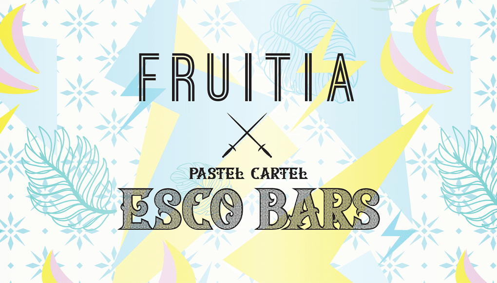 fruitia logo over pastel cartel esco bars logo
